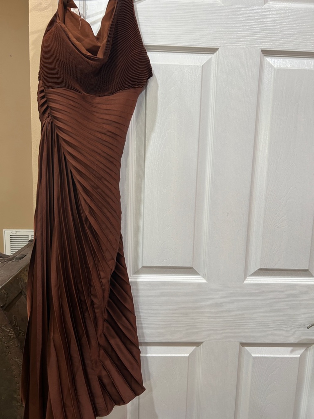 One-Shoulder Chocolate Brown Pleated Evening Dress